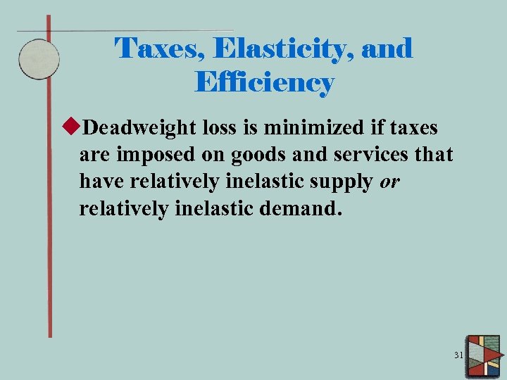 Taxes, Elasticity, and Efficiency u. Deadweight loss is minimized if taxes are imposed on