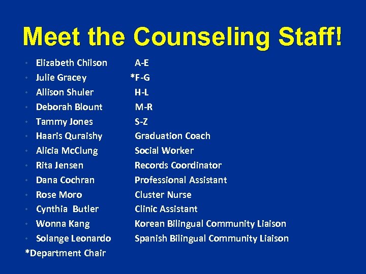 Meet the Counseling Staff! Elizabeth Chilson • Julie Gracey • Allison Shuler • Deborah