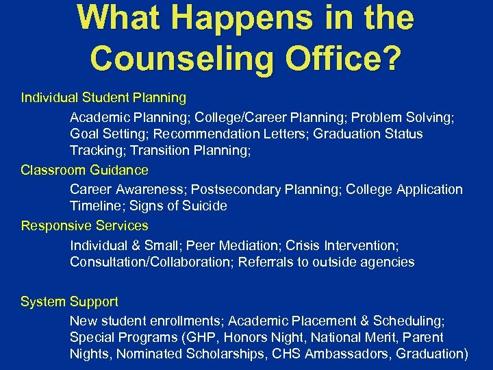 What Happens in the Counseling Office? Individual Student Planning Academic Planning; College/Career Planning; Problem