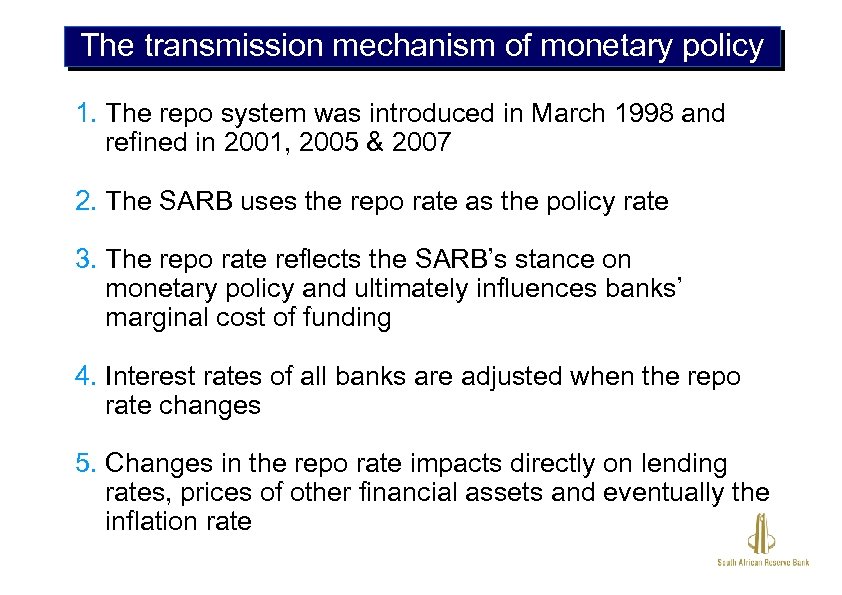 The transmission mechanism of monetary policy 1. The repo system was introduced in March