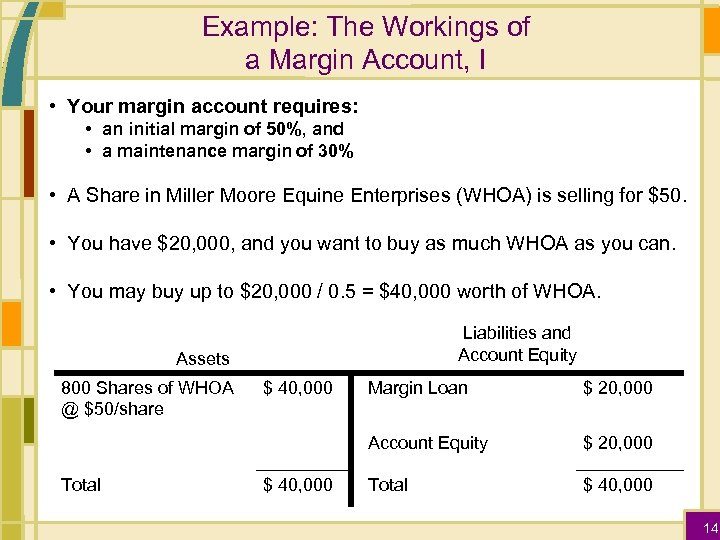 Example: The Workings of a Margin Account, I • Your margin account requires: •