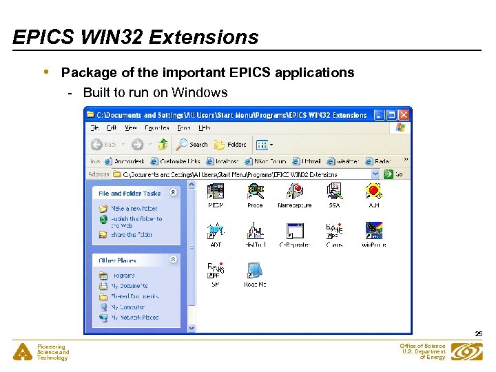 EPICS WIN 32 Extensions • Package of the important EPICS applications - Built to