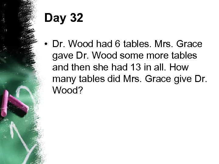 Day 32 • Dr. Wood had 6 tables. Mrs. Grace gave Dr. Wood some