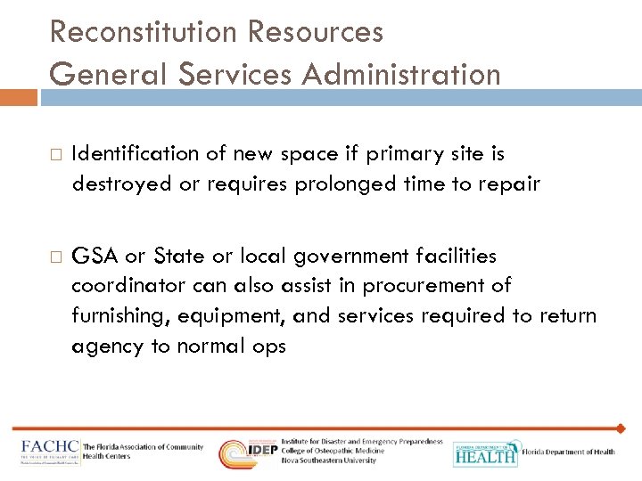 Reconstitution Resources General Services Administration Identification of new space if primary site is destroyed
