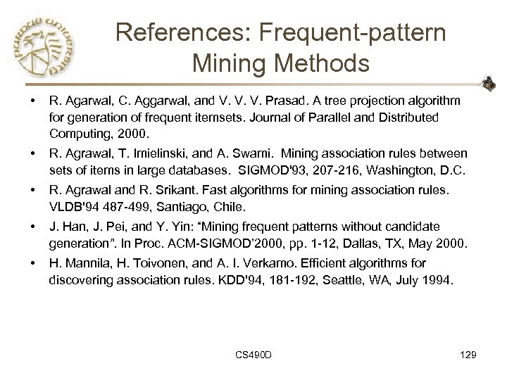 References: Frequent-pattern Mining Methods • R. Agarwal, C. Aggarwal, and V. V. V. Prasad.