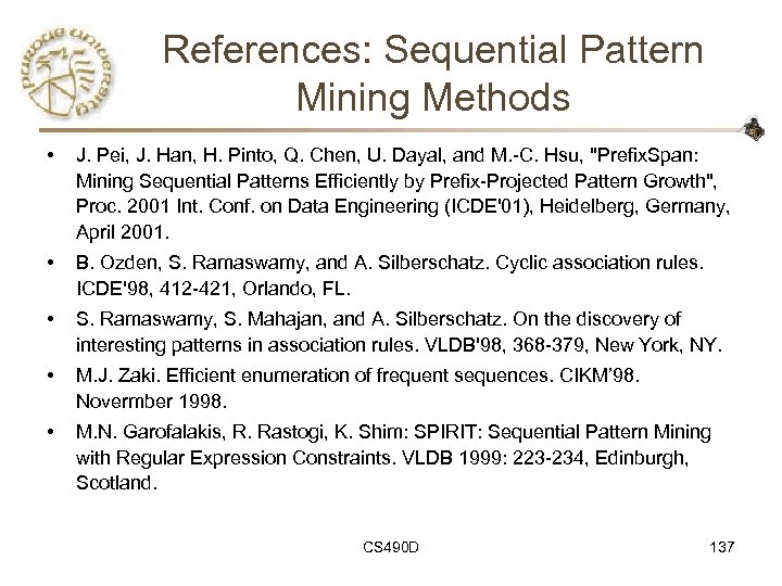 References: Sequential Pattern Mining Methods • J. Pei, J. Han, H. Pinto, Q. Chen,