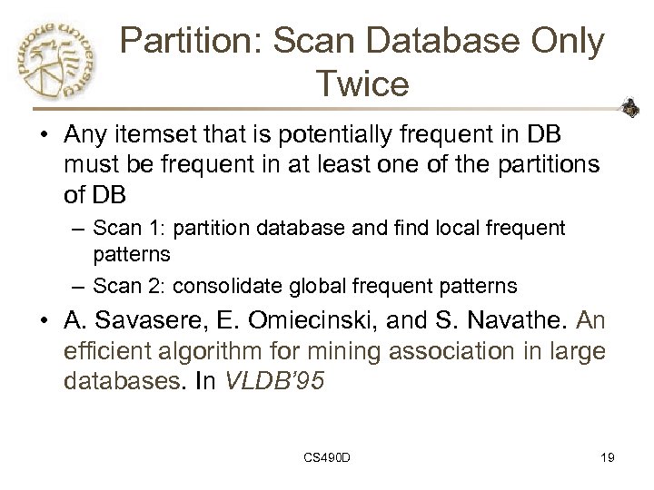 Partition: Scan Database Only Twice • Any itemset that is potentially frequent in DB