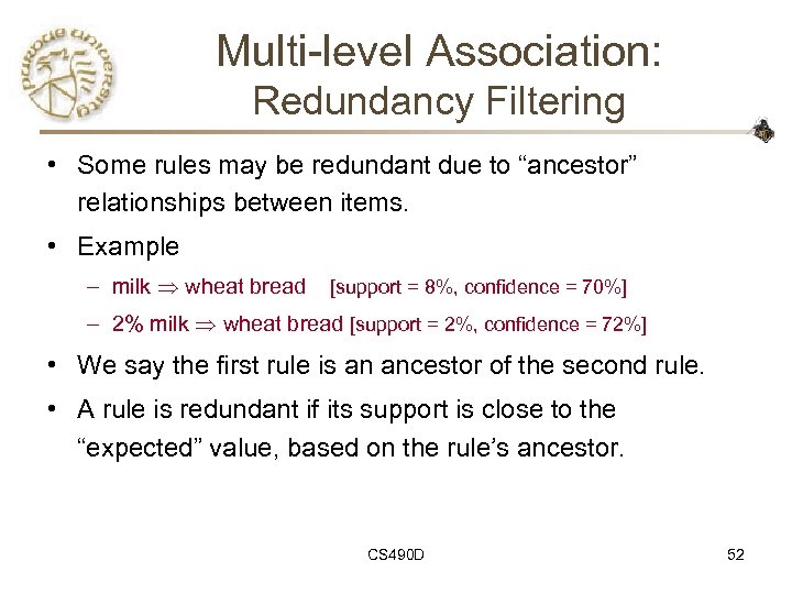 Multi-level Association: Redundancy Filtering • Some rules may be redundant due to “ancestor” relationships