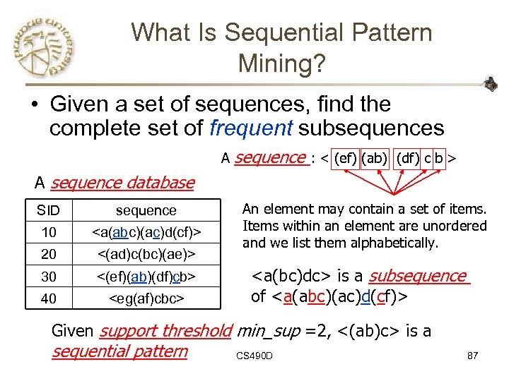 What Is Sequential Pattern Mining? • Given a set of sequences, find the complete