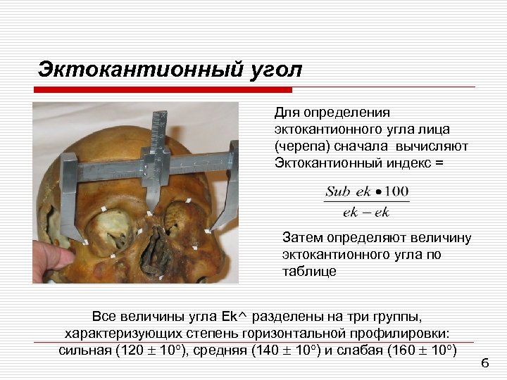 Эктокантионный угол Для определения эктокантионного угла лица (черепа) сначала вычисляют Эктокантионный индекс = Затем