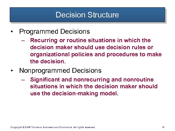 Decision Structure • Programmed Decisions – Recurring or routine situations in which the decision