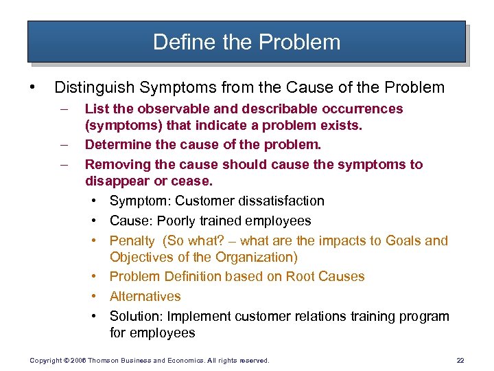 Define the Problem • Distinguish Symptoms from the Cause of the Problem – –