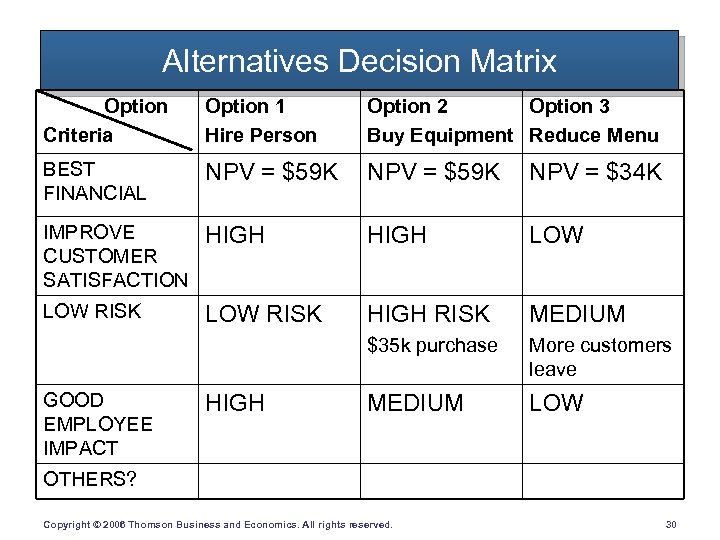 Alternatives Decision Matrix Option Criteria Option 1 Hire Person Option 2 Option 3 Buy