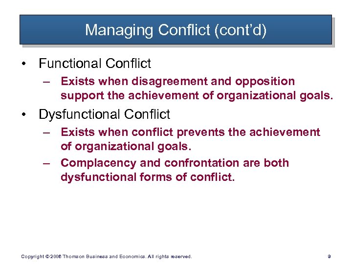 Managing Conflict (cont’d) • Functional Conflict – Exists when disagreement and opposition support the