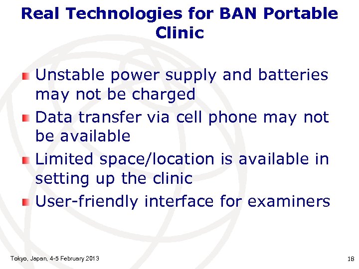 Real Technologies for BAN Portable Clinic Unstable power supply and batteries may not be