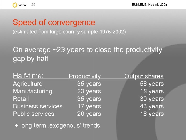 EUKLEMS, Helsinki 2005 26 Speed of convergence (estimated from large country sample 1975 -2002)