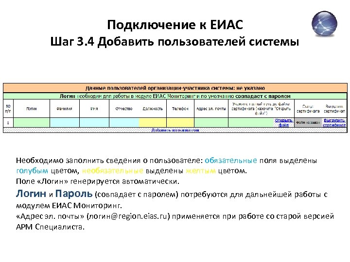 Подключение к ЕИАС Шаг 3. 4 Добавить пользователей системы Необходимо заполнить сведения о пользователе: