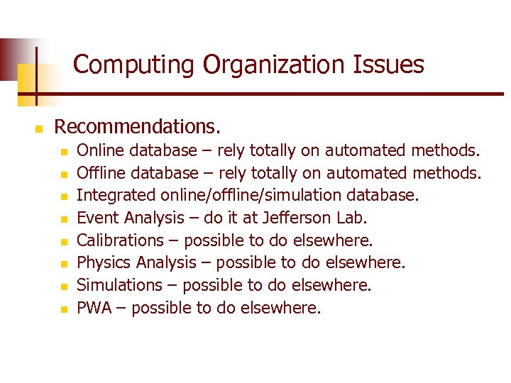 Computing Organization Issues n Recommendations. n n n n Online database – rely totally