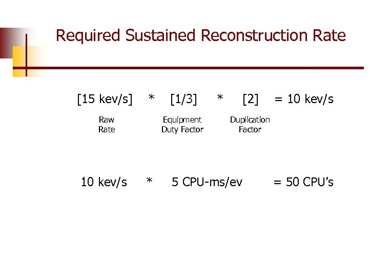 Required Sustained Reconstruction Rate [15 kev/s] * Raw Rate 10 kev/s [1/3] Equipment Duty