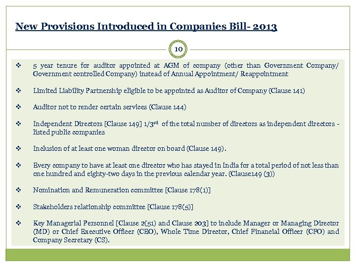 New Provisions Introduced in Companies Bill- 2013 10 v 5 year tenure for auditor