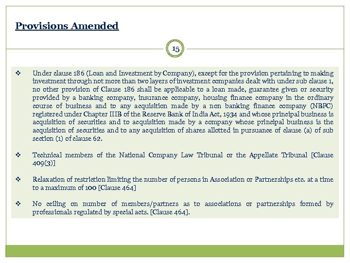 Provisions Amended 15 v Under clause 186 (Loan and Investment by Company), except for
