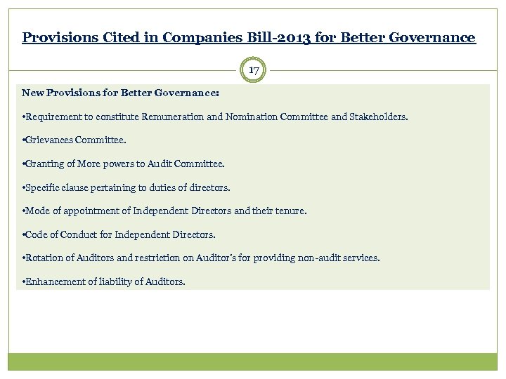 Provisions Cited in Companies Bill-2013 for Better Governance 17 New Provisions for Better Governance: