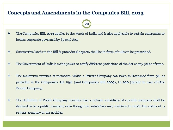 Concepts and Amendments in the Companies Bill, 2013 20 v The Companies Bill, 2013