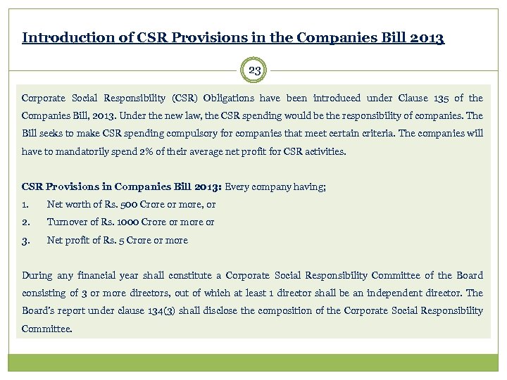 Introduction of CSR Provisions in the Companies Bill 2013 23 Corporate Social Responsibility (CSR)