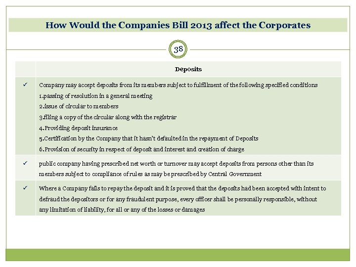 How Would the Companies Bill 2013 affect the Corporates 38 Deposits ü Company may