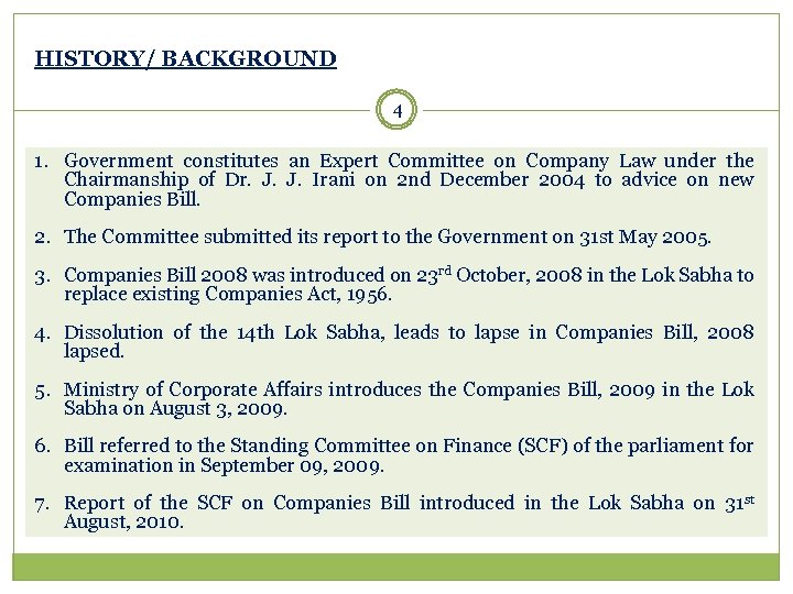 HISTORY/ BACKGROUND 4 1. Government constitutes an Expert Committee on Company Law under the