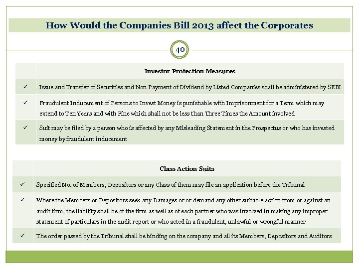 How Would the Companies Bill 2013 affect the Corporates 40 Investor Protection Measures ü
