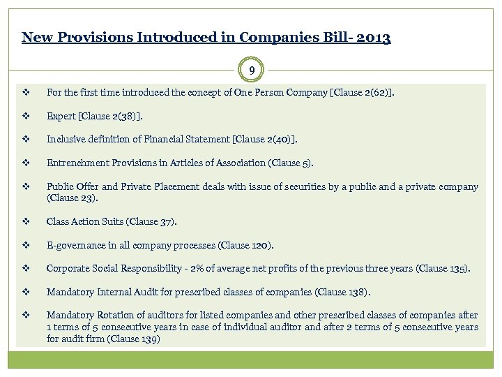 New Provisions Introduced in Companies Bill- 2013 9 v For the first time introduced