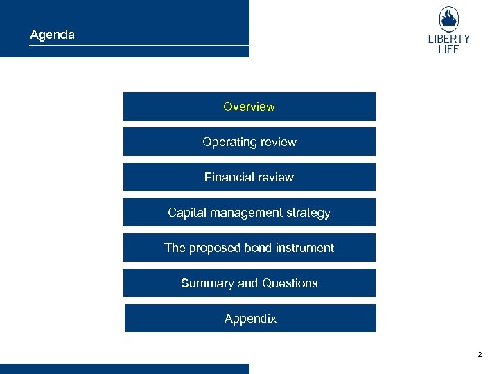Agenda Overview Operating review Financial review Capital management strategy The proposed bond instrument Summary