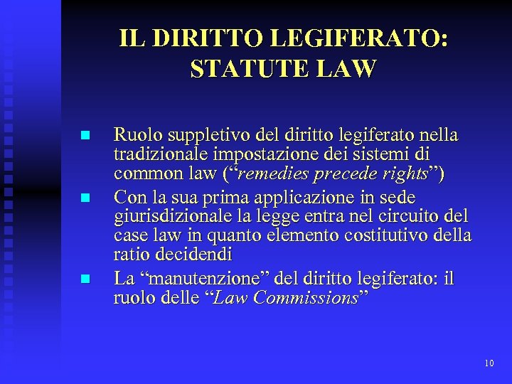 IL DIRITTO LEGIFERATO: STATUTE LAW n n n Ruolo suppletivo del diritto legiferato nella