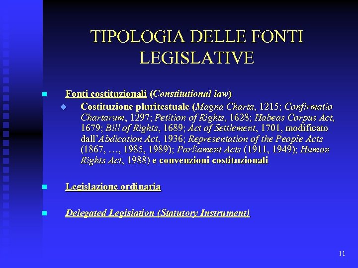 TIPOLOGIA DELLE FONTI LEGISLATIVE n Fonti costituzionali (Constitutional law) u Costituzione pluritestuale (Magna Charta,