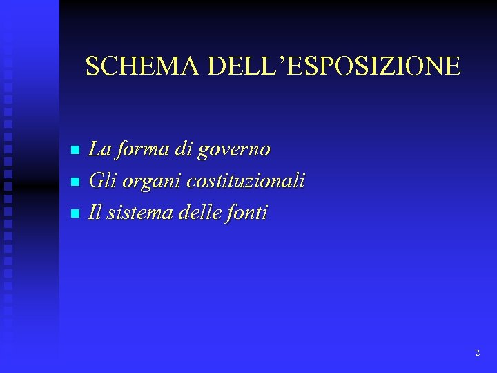 SCHEMA DELL’ESPOSIZIONE n n n La forma di governo Gli organi costituzionali Il sistema