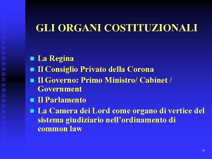 GLI ORGANI COSTITUZIONALI n n n La Regina Il Consiglio Privato della Corona Il