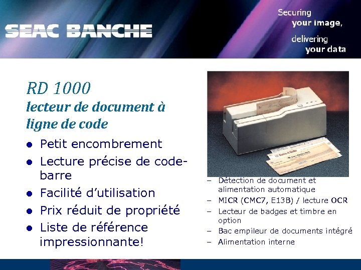 RD 1000 lecteur de document à ligne de code l l l Petit encombrement