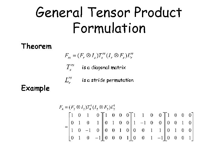 General Tensor Product Formulation Theorem is a diagonal matrix Example is a stride permutation
