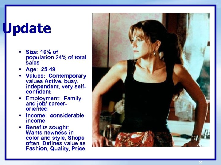Update § Size: 16% of population 24% of total sales § Age: 25 -49