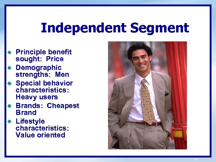 Independent Segment Principle benefit sought: Price Demographic strengths: Men Special behavior characteristics: Heavy users