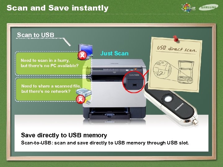 Scan and Save instantly Scan to USB Just Scan Need to scan in a