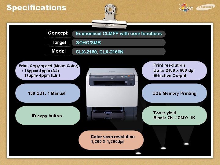 Specifications Concept Economical CLMFP with core functions Target SOHO/SMB Model CLX-2160, CLX-2160 N Print