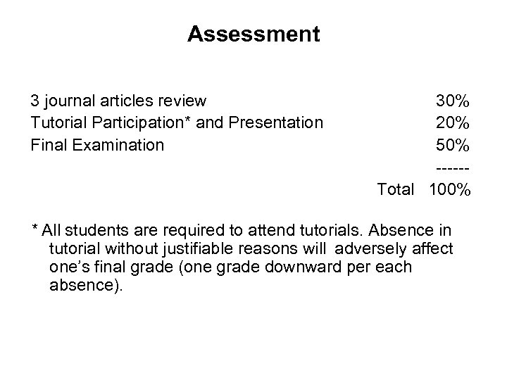 Assessment 3 journal articles review Tutorial Participation* and Presentation Final Examination 30% 20% 50%