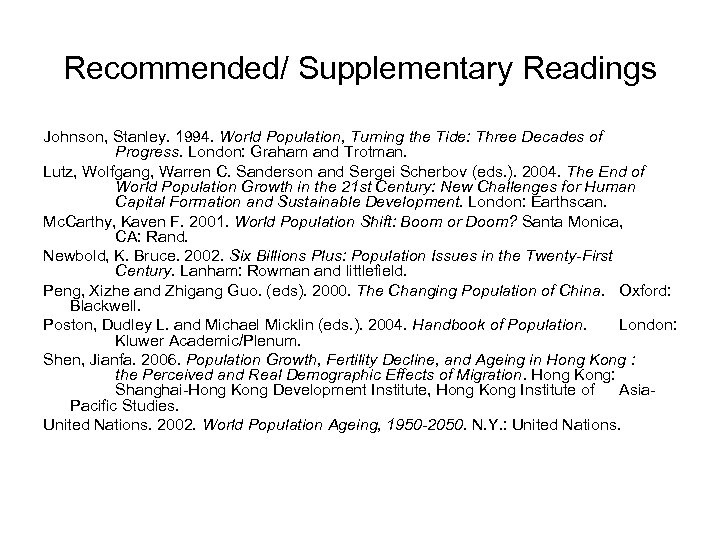 Recommended/ Supplementary Readings Johnson, Stanley. 1994. World Population, Turning the Tide: Three Decades of