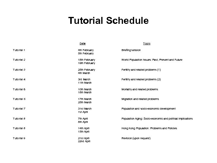 Tutorial Schedule Date Topic Tutorial 1 4 th February 5 th February Briefing session