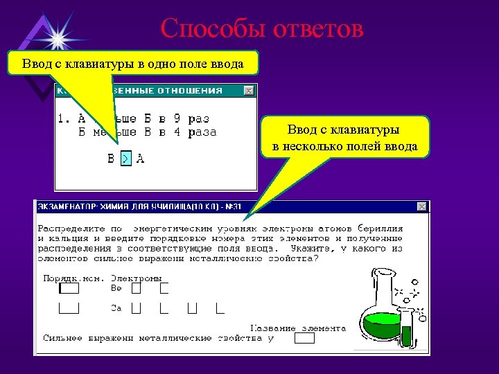 Способы ответов Ввод с клавиатуры в одно поле ввода Ввод с клавиатуры в несколько