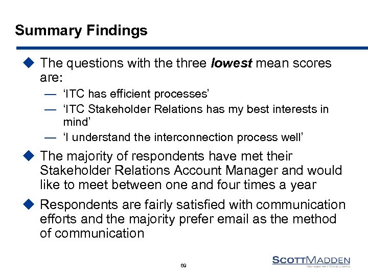 Summary Findings u The questions with the three lowest mean scores are: — ‘ITC