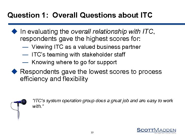 Question 1: Overall Questions about ITC u In evaluating the overall relationship with ITC,